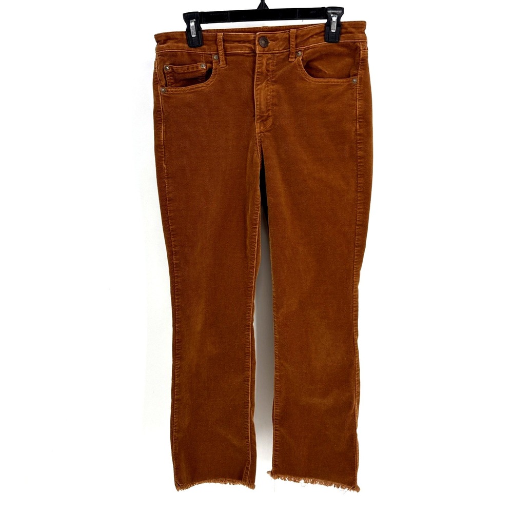 American Eagle Corduroy Sz 8 High Rise Flare Stretch Rust Brown Pants Raw Hem